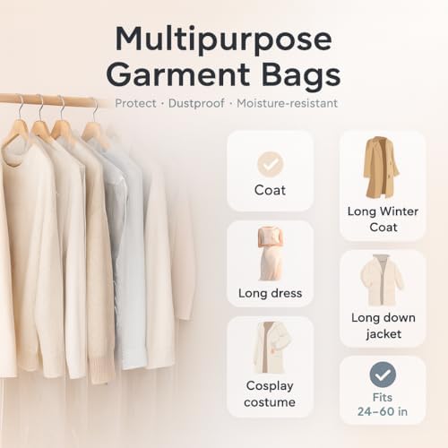 40 Pack Clear Plastic Garment Bags, 60" x 23.5" Clothes Covers for Hanging, Dry Cleaning Bags for Closet Storage, Dust-Proof Transparent Clothing Protectors for Long Dresses Skirt, Suits & Jackets - Image 3
