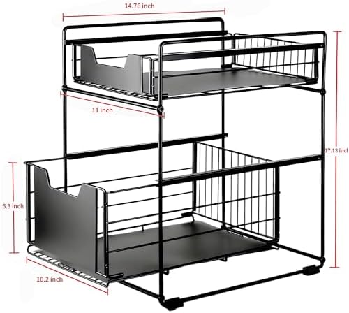 2 Tier Under Sink Organizer,Slide Out Kitchen Cabinet Organizer,Pull Out Pantry Storage with 2 baskets, Office Supplies,Kitchen,Bathroom Organizer with Sliding Drawer,Large Capacity,Multi-Use - Image 2