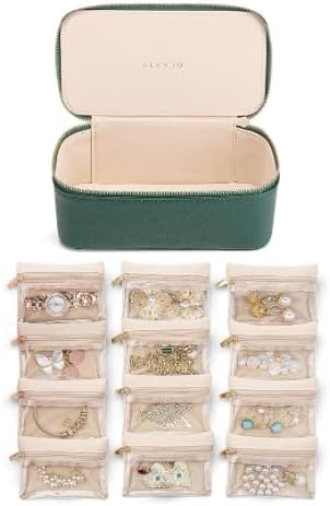 NCONCO Travel Jewelry Box, Portable PU Leather Travel Jewelry Organizer with 12pcs Velvet Bags Compact & Lightweight Travel Jewelry Case for Necklaces Rings Earrings Sorting Storage
