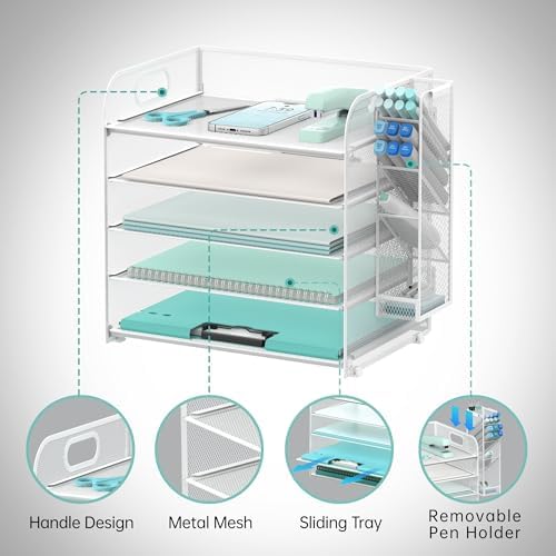 5-Tier Paper Organizer for Desk with Pen Holders, Letter Trays, White - Image 3