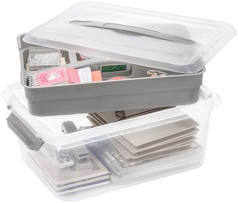 Yesland Portable Craft Storage Box with Removable Tray and Handle, 16x11x6.5 Inch Plastic Art Supply Organizer Container for Stationery, Sewing, Jewelry - Grey (Pack of 3) - Image 3