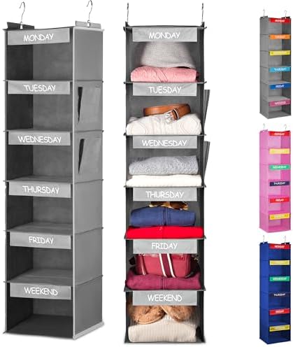 Hanging Closet Organizer 6-Shelf Kids Clothing with Day Labels by Handy+Laundry