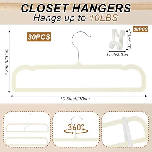 Pants Hangers Space Saving, 30 Pack Velvet Hangers for Closet with 30 Hooks, Strong Durable Non Slip Slim Clothes Hanger, Ultra Soft Flocked Hanger for Pants, Shirts, Bra, Shorts (Cream) - Image 2