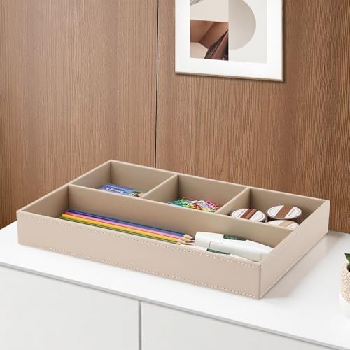 KINGFOM 4-Slot Leather Drawer Tray Desk Stationery Sundries Organizer Storage Box Pen Pencil Holder Case Container (Dark Beige) - Image 5