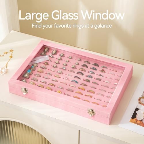Frebeauty 100 Slots Ring Organizer Tray,Velvet Ring Box with Clear Lid - Image 4