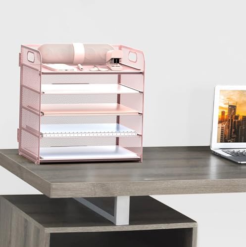 Sinboun Letter Tray Paper Organizer 5-Tier Desk Organizer File Organizer Paper Holder with Handle, Metal Desktop Document Shelf Tray Office Classroom Organization - Pink, PK5CENGTISHOU - Image 5