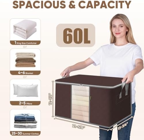 BALEINE 8 Pack Clothes Storage Bags, 16 Gallon Storage Containers with Reinforced Handle, Sturdy Zipper, Closet Organizer for Blanket, Comforter, Pillow, Bedding (Brown, 8 Pack) - Image 3