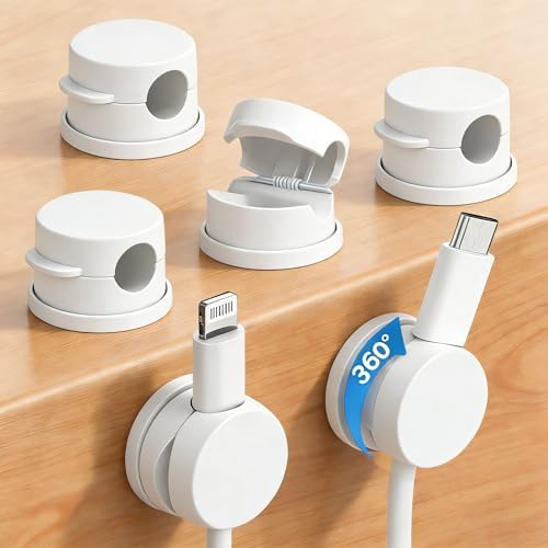 6PC 360° Rotatable Spring Cable Management, Cord Organizer Holder for Desk, Strong Adhesive Cable Clips Desk Accessories, Adjustable Wire Keeper for Nightstand, Home, Office, RV (White) by IHIJHD