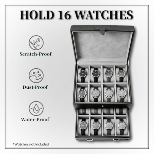 SANZIE Watch Box, 16-Slot Watch Case Organizer for Men, 2 Layers (Black) - Image 3