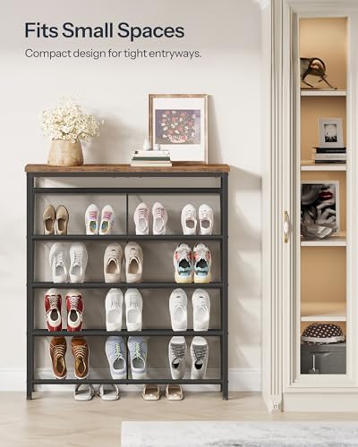CHOEZON Shoe Rack, 5-Tier Slanted Shoe Storage Shelf, Narrow Shoe Rack for Entryway, Shoe Organizer with Adjustable Feet, Slim Shoe Shelf with Wooden Top and Metal Frame Rustic Brown and Black TXJ02BF - Image 4