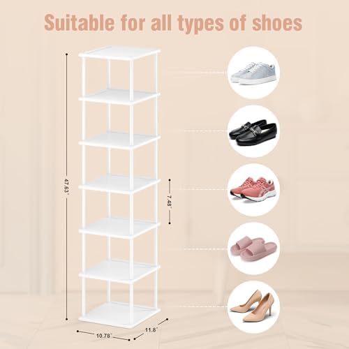 MHXW SXPN Bamboo Free Standing Shoe Rack Shelf Multi Tier Tall Wooden Stackable Shoes Rack Organizer for Closet Front Door Entrance Narrow Vertical Shoe Storage (White, 7 Tiers) - Image 2