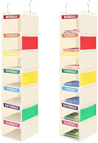 Amylove 2 Pcs 7 Shelf Weekly Clothes Organizer for Kids Hanging Closet Organizer 11. 8 x 11. 8 x 50 Inches Daily Activity Kids Clothes Storage Drawers Cube Drawers Closet Hanging Shelves(Beige) by Amylove
