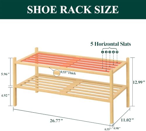 Smiry Bamboo Shoe Rack, 5 Horizontal Slats, 2 Tier - 26.8" Wide, Natural - Image 2