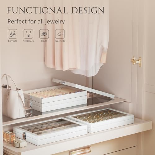 Lolalet Jewelry Organizer Tray with Lid, 100 Grids Velvet Ring Organizer Holder Storage Box for Drawer -Beige - Image 2
