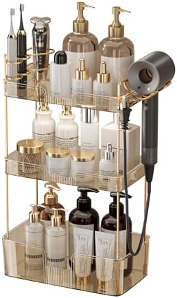 Akinbas 3 Tier Bathroom Organizer Countertop Makeup Perfume Tray Skincare Organizer Comes with Hair Dryer Rack and Toothbrush Holder for Bathroom Dresser Vanity (Gold) by AKINBAS