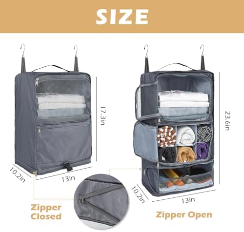 Surblue Hanging Shelves Travel Storage Bag Compression Packing Cube for Suitcase Collapsible with Extension Layer Large Capacity, Grey,XL - Image 5