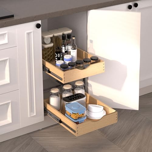 JOWBOOW 2 Tier Pull Out Cabinet Organizer 14"W x 22"D, Solid Wood - Image 2