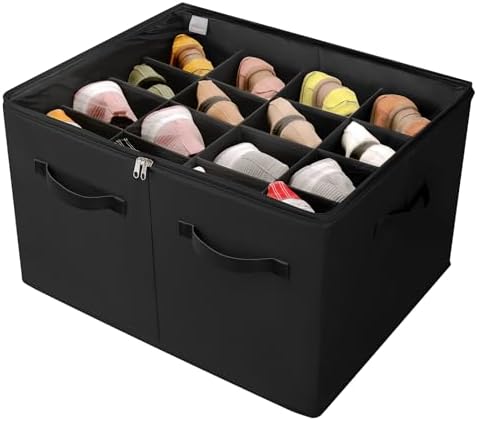 TOPIA HOME Shoe Organizer for Closet, Foldable Shoe Box with Adjustable Dividers and Clear Cover, Space Saving Shoe Storage Organizer Cabinet with Reinforced Handles, Fits 16 Pairs, Black, TP09B by TOPIAHOME