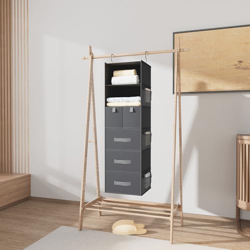 6-Shelf Hanging Closet Organizer with 5 Drawers, Non-Woven, Dark Gray - Image 7
