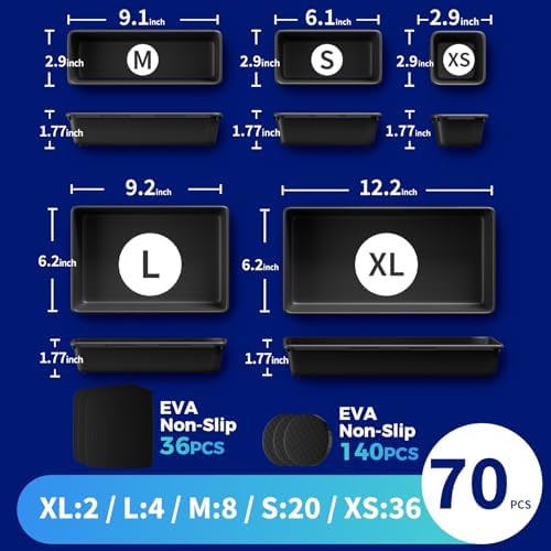 70 PCS Tool Box Organizer Tray & Desk Drawer Organizer Set, 5 Size Interlocking Bins for Garage Tool Storage, Mechanic Tool Chest, Rolling Cart, Workbench Drawers with EVA Non Slip Pads - Image 2