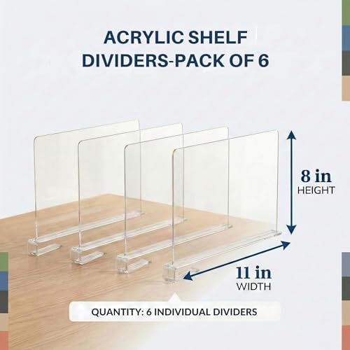 Acrylic Shelf Dividers, 6 Pack Clear Closet Shelf Organizer, Slide-On Vertical Dividers for Sweaters Shirts Towels Handbags, Fits Standard 3/4 in Thick Shelves, 11 in W x 8 in H - Image 2