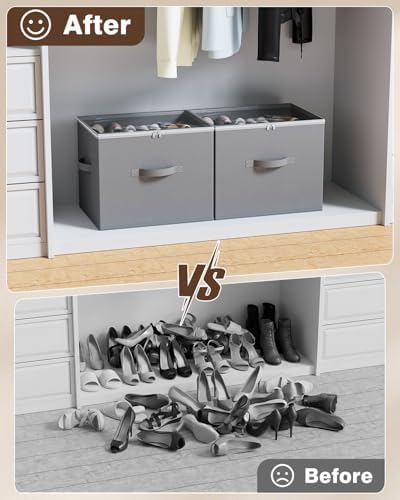 HOUSE AGAIN 2 Pack Shoe Organizer for Closet, Shoe Storage Organizer with Wheels, Foldable Shoe Storage Box with Adjustable Dividers and Clear Cover, Reinforced Handles, Fits up to 16-32 Pairs, Gray - Image 6