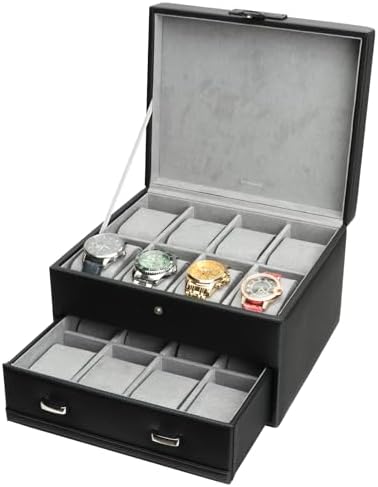 SANZIE Watch Box, 16-Slot Watch Case Organizer for Men, 2 Layers (Black) by SANZIE