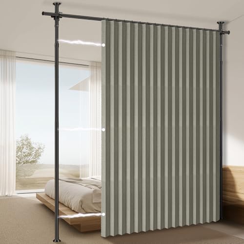 100% Blackout Room Divider Curtains Sets Grey W100 x L96 in 1 Panel No Drill Curtain Rods(H) 43-120×(W) 35-100 in for Studio Apartment Dorm Office by AJAZZ