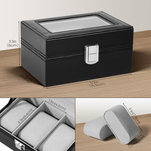 Uten 3-Slot Watch Box, PU Leather Watch Case with Glass Lid - Image 2