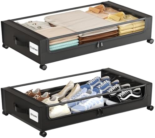 Under Bed Storage with Wheels,XXL 60L Under Bed Storage Containers with Clear Lids, Rolling Under Bed Metal Drawer for Clothes, Shoes,Toys (Black, 2 Pack) by Gofujuco