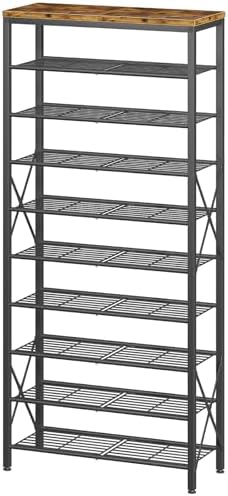 10-Tier Shoe Rack Holds 40 Pairs, Space Saving Shoe Organizer for Entryway Closet Apartment, Industrial Metal Shoe Shelf with Wooden Top, Rustic Brown by Unknown