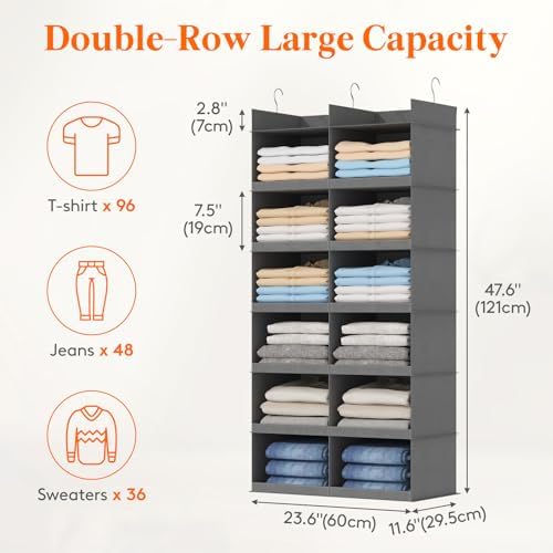 Lifewit 12 Sections Dual-Row Shelf Hanging Closet Storage Organizer, Gray - Image 2
