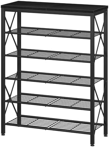 6-Tier Shoe Rack, Metal Shoe Stand with Wooden Top & 4 X Frames, Holds up to 24 Pairs, Sturdy Shoe Shelf for Entryway Closet Garage, Black by Unknown