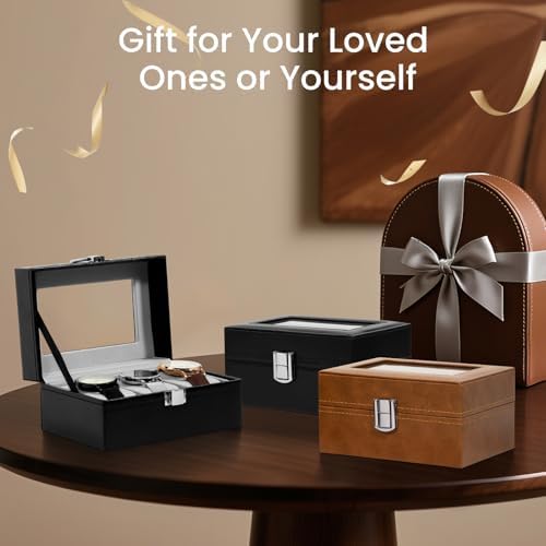 Uten 3-Slot Watch Box, PU Leather Watch Case with Glass Lid - Image 7