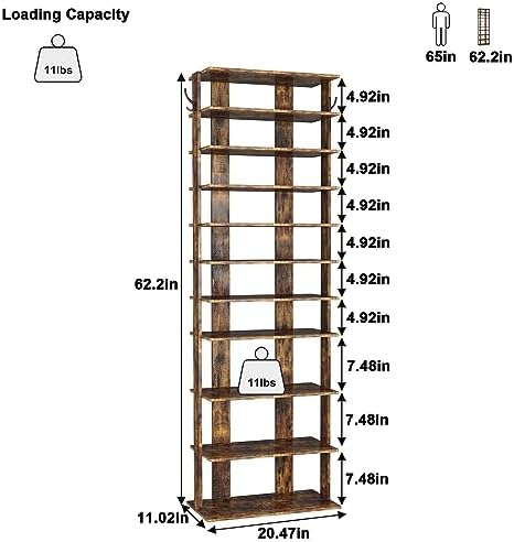 HOMEFORT 10-Tier Vertical Shoe Rack, Corner Shoe Tower, Double Rows 10 Tiers Shoe Shelf, Slim Shoe Storage Unit for 20 Pairs of Shoes, Shoe Stand for Entryway, Hallway, Closet (Rustic Brown) - Image 3