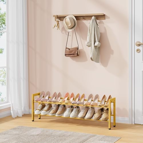 FAVOOSTY 2-Tier Expandable Shoe Rack, Adjustable Shoe Shelf Storage Organizer Space Saving Metal Free Standing Shoe Rack for Entryway Closet Doorway, Gold - Image 2