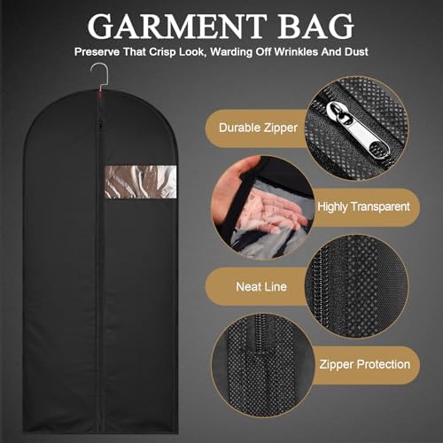 62Inch Garment Bags Covers,Black Hanging Clothes Bag, Suit Cover Bags with Clear Window for Hanging Closet Clothes Storage and Travel (Black, 62 inch) - Image 3
