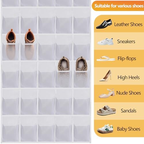 Over the Door Shoe Organizer, 40 Large Mesh Pockets Hanging Shoe Rack Organizer for Closet Behind The Door Storage Holder for Entryway Bedroom Dorm White - Image 6
