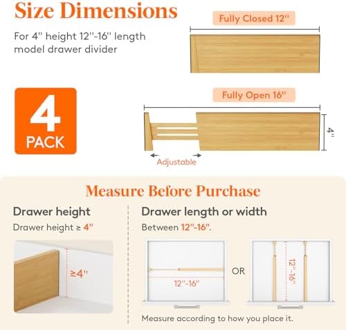 Lifewit 4" High Dresser Drawer Dividers, Adjustable Bamboo Drawer Organizer - Image 2