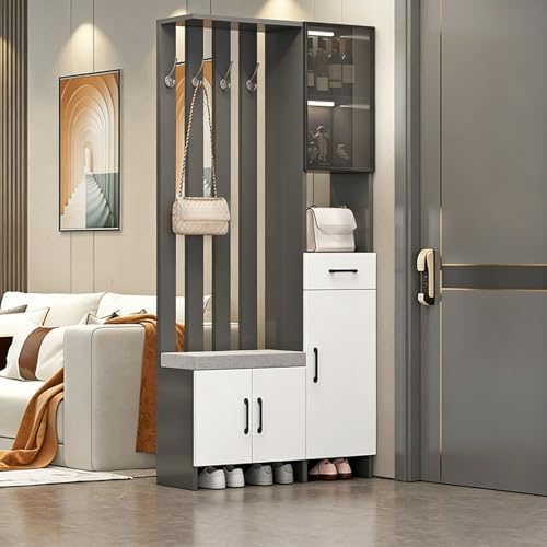 Wall Room Divider with Storage, 78.7" Tall Entryway Hall Tree Room Partition with Shoe Cabinet,Freestanding Wood Privacy Screen with Coat Rack, Bench & Glass Display(Gray+Left Side,100cm/39.5in) by Unknown