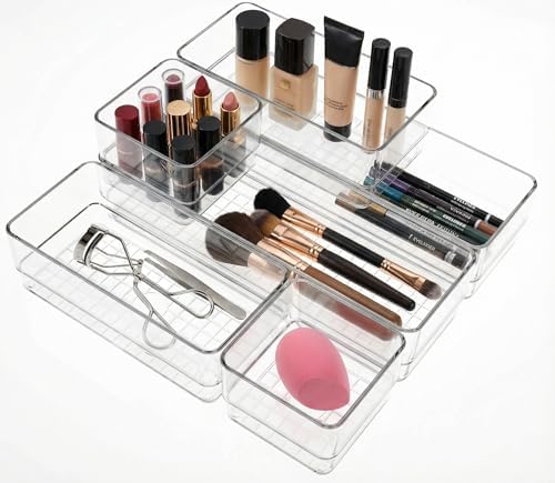 6 PCS Clear Plastic Drawer Organizer Set, 2 Sizes Acrylic Drawer Storage Trays Non Slip Storage Bins for Makeup, Jewelry, Gadgets for Kitchen, Bedroom, Bathroom, Office by Unknown