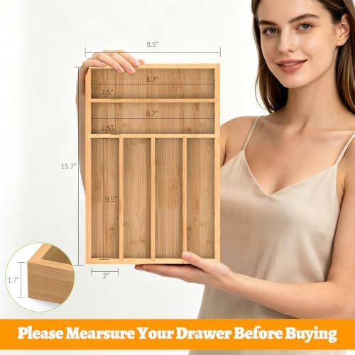 Bamboo Silverware Drawer Organizer, 6 Slots Kitchen Drawer Tray - Image 3
