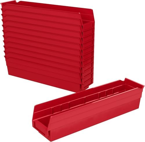Akro-Mils 30128 Heavy Duty Plastic Shelf Bins, 18"x 4"x 4", Red, 12-Pack by Akro-Mils