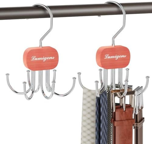 Cedar Wooden Belt Hanger, Belt Organizer for Closet,Rotatable Tie Rack,Belt Holder,Hanging Closet Storage Hook for Belt, Bra, Tank Top, Tie, Scarf, Purse, 2PCS by Lumigens