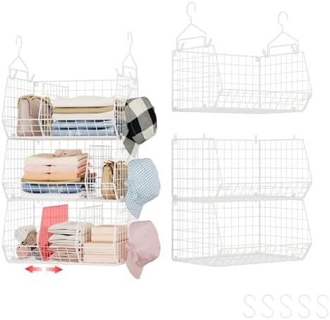 3 Tier Extra Large Closet Hanging Shelves with Divider, 16.5"L x 11.8"W x 33.6"H Closets Organizers and Storage with 5 S Hooks, Clothes Organizer for Sweaters Shoes Handbags Clutches Accessories-White by Jautokerdar