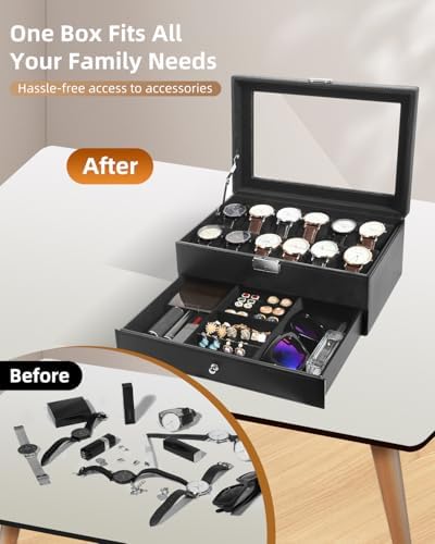 Uten 12-Slot Watch Box, 2-Layers PU Leather Watch Case with Lock - Image 3