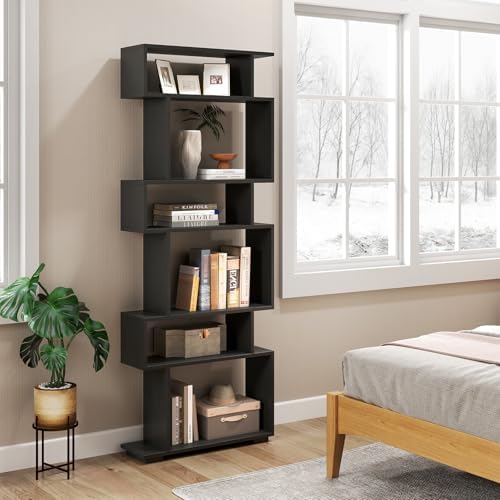6 Tier S Shaped Bookshelf, Wood Geometric Bookcase, Modern Room Divider and Display Shelf, 64" Tall Staggered Bookshelf for Bedroom Living Room Office Study (1, Black) - Image 6