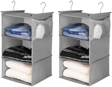MAX Houser 3 Tier Shelf Hanging Closet Organizer, Closet Hanging Shelf with 2 Sturdy Hooks for Storage, 2 Pack, Foldable (Grey) by MAXHouser