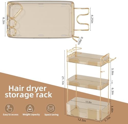 Akinbas 3 Tier Bathroom Organizer Countertop Makeup Perfume Tray Skincare Organizer Comes with Hair Dryer Rack and Toothbrush Holder for Bathroom Dresser Vanity (Gold) - Image 2