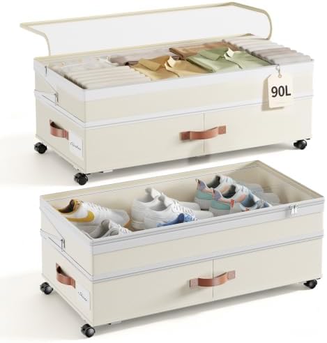 Yecaye 90L Under Bed Storage with Wheels, Height Adjustable, 2 Pack, Beige by Yecaye